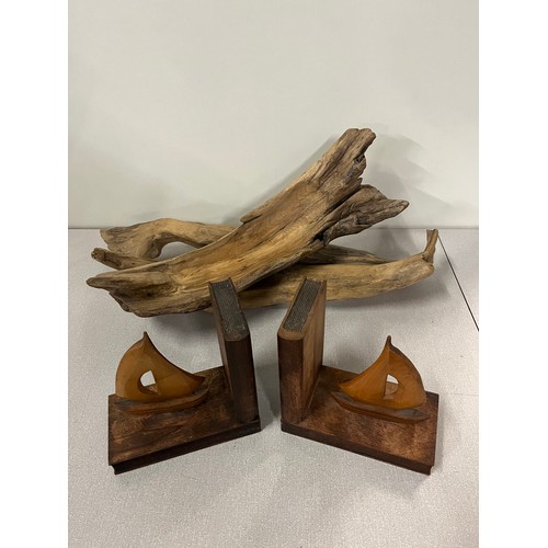 287 - Large piece of driftwood along with pair of ship bookends.