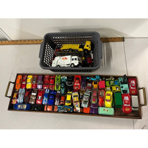 214 - Tray & basket of cars to include , corgi, matchbox, Mattel etc