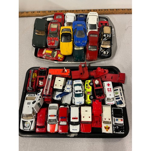 215 - 2 Trays of playworn cars to include matchbox , corgi etc