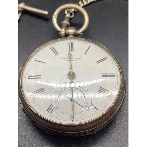 116 - Antique John Forrest silver hallmarked pocket watch (working) with silver hallmarked albert chain an... 