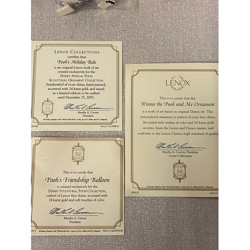 422 - 4 x Lenox Disney Pooh classics, ivory fine china Christmas baubles 3 with certificates.