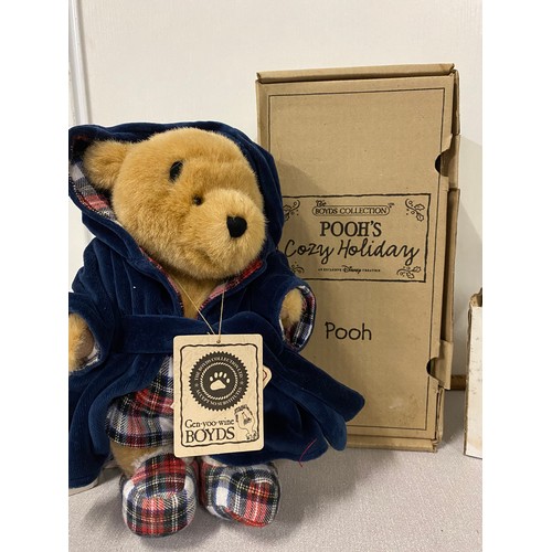 429 - The Boyds Collection Poo's Cozy Holiday Bear with box along with Pooh ornament letters and boxed Chr... 