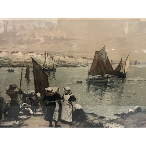 30 - Framed aquatint 'Attente Des Barques' (waiting for the boats) pencil signed & numbered 205 by Manuel... 