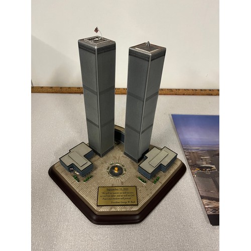 166 - Danbury mint twin towers commemorative sculpture along with 3d picture