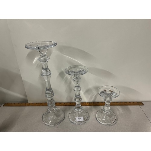 171 - Set of 3 K & K interior graduating glass candle holders 
tallest 16.5