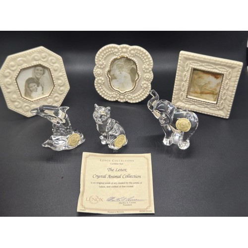 235 - Lenox miniature photo frames along with Lenox crystal animals & certificate.