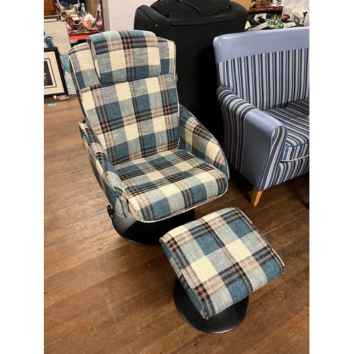 236 - Blue and cream tartan, reclining chair and matching stool.