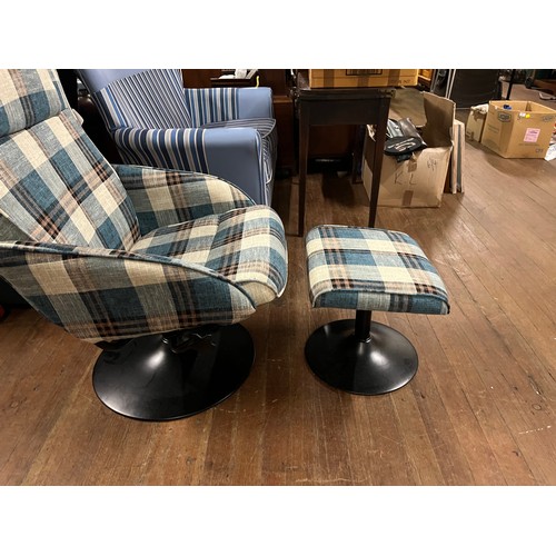 236 - Blue and cream tartan, reclining chair and matching stool.