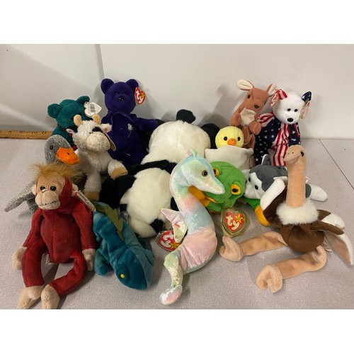 256 - 14 TY Beanie baby's all with tags to include Large Panda, Seahorse & Princess Diana etc.