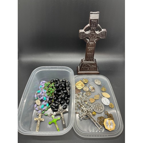 273 - selection of religious items to include rosary beads etc along with wooden celtic cross, 7