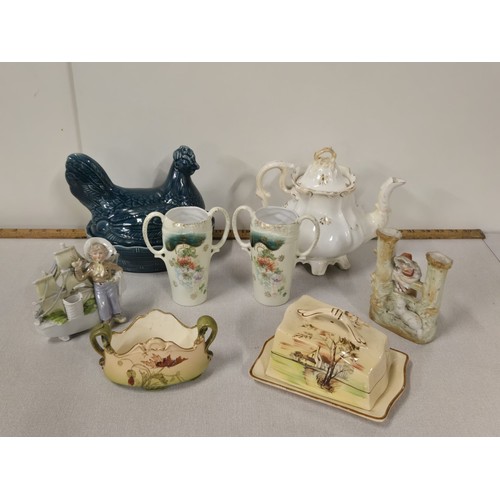 286 - Selection of Antique ceramics to include teapot possibly Scottish? & Arthur Wood cheese dish etc.