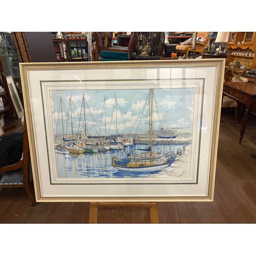 89 - Large framed water colour of Banff Harbour pencil signed by the artist Chris Murray 1983. 40