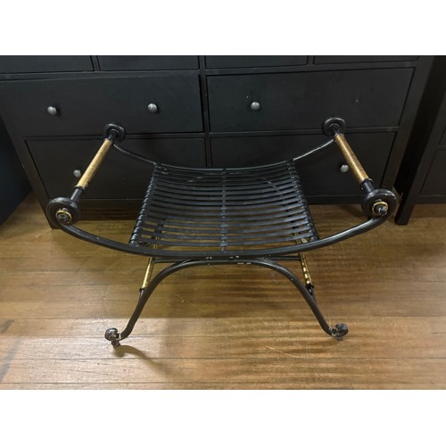 100 - Heavy Wrought iron curule stool/seat with cheetah cushion.