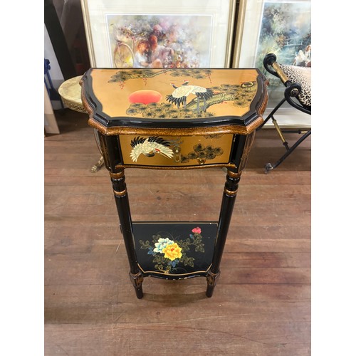 102 - Oriental style lacquered Chinese hall stand with drawer with crane design.