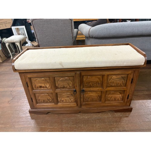 103 - Solid wood 2 door storage window seat with elephant motif