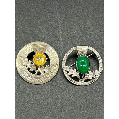 60 - 2 x 1950's Ward Brothers sterling silver thistle, citrine and green stone, plaid brooches.