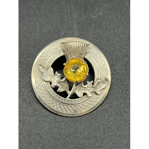 60 - 2 x 1950's Ward Brothers sterling silver thistle, citrine and green stone, plaid brooches.