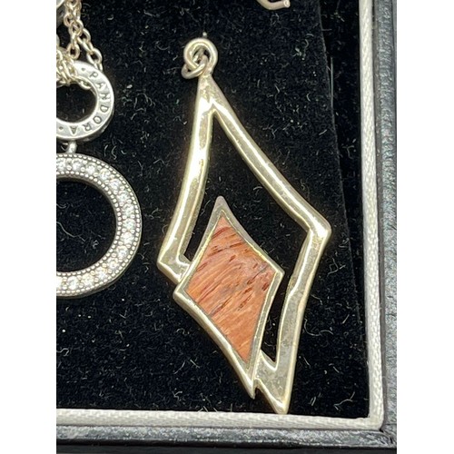 65 - Pandora 925 silver pendant chain necklace and pair of 925 silver diamond shaped earrings.