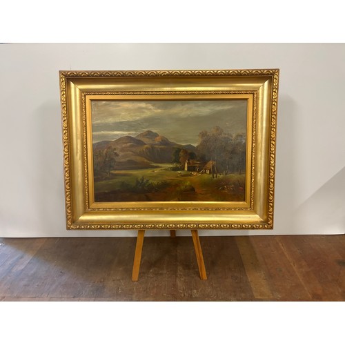 111 - Large antique gilt framed oil painting of mountain village scene. 39