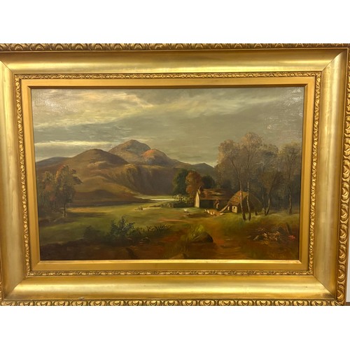 111 - Large antique gilt framed oil painting of mountain village scene. 39