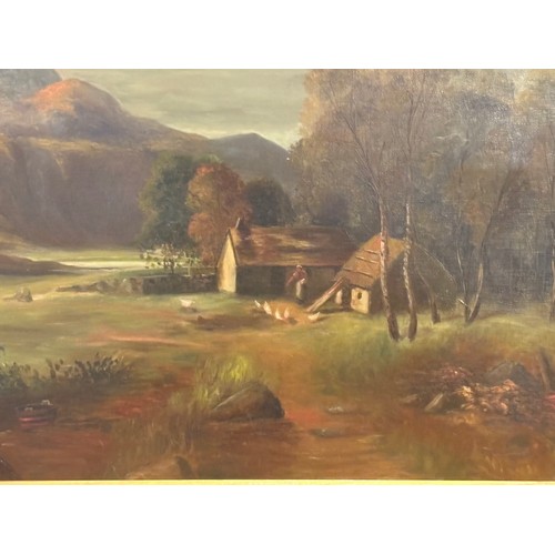 111 - Large antique gilt framed oil painting of mountain village scene. 39