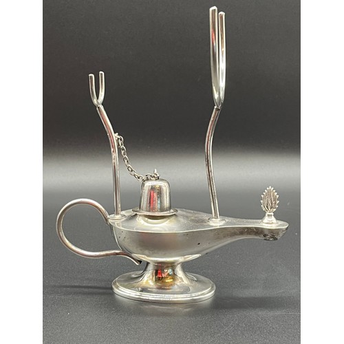 81 - Rare Antique silver plated Aladdin/ Genie oil lamp brandy glass warmer.