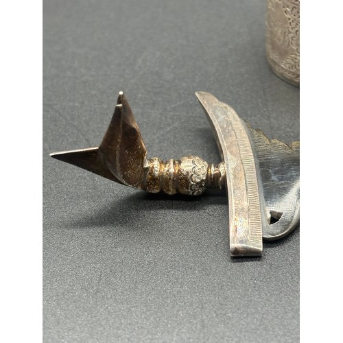 83 - Pair of London silver napkin rings along with Silver hand and horn blade Kris letter opener.