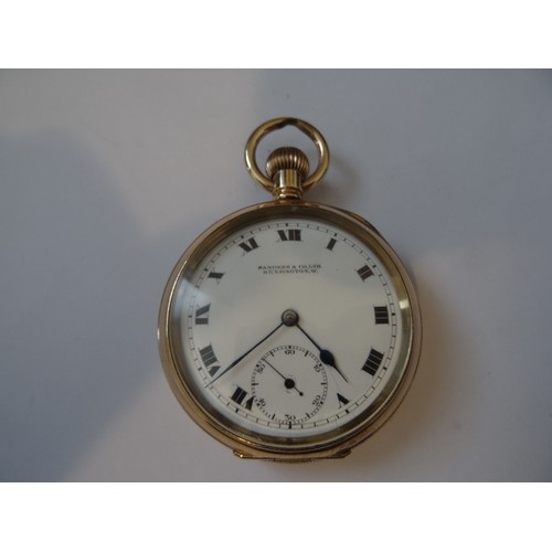 76 - Sanders & Co Ltd English warranted gold plated keyless open face pocket watch. The dial is free of h... 