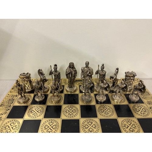 88 - Heavy metal Roman chess set and board (2 pawns missing)