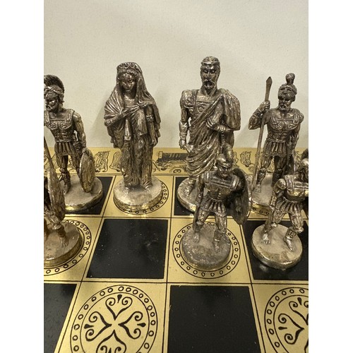 88 - Heavy metal Roman chess set and board (2 pawns missing)