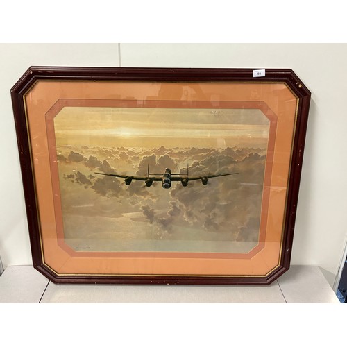 93 - Large framed print of a Lancaster bomber in flight by Coulson 1983 37x31
