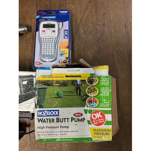 Selection of tools to include water pump, labelling machine, sander etc.