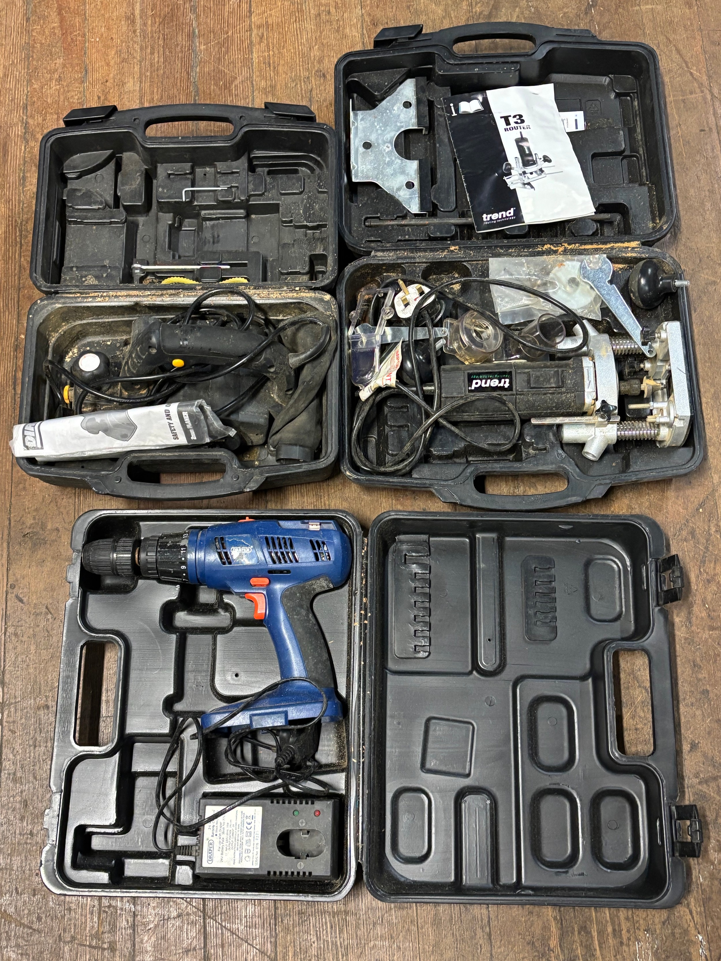 Boxed Draper drill along with T3 router and 2mm planer.