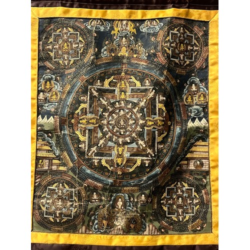 112 - Antique hand painted Tibetan Mandala Thangka hanging prayer flag scroll with silken borders  26