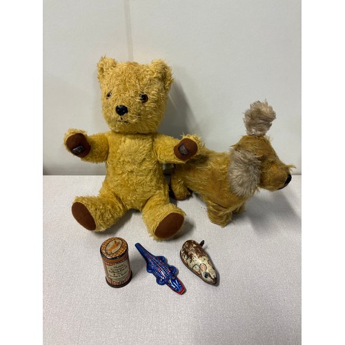 249 - Vintage Chad valley chiltern bear along with old mohair dog and vintage tinplate mouse etc.