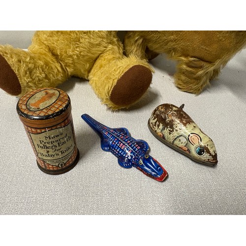 249 - Vintage Chad valley chiltern bear along with old mohair dog and vintage tinplate mouse etc.