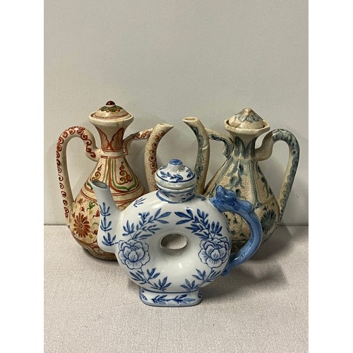 337 - 2 x antique Chinese Ewers (as found) along with blue and white Chinese teapot. Tallest is 8