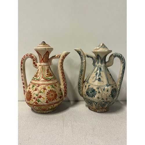 337 - 2 x antique Chinese Ewers (as found) along with blue and white Chinese teapot. Tallest is 8