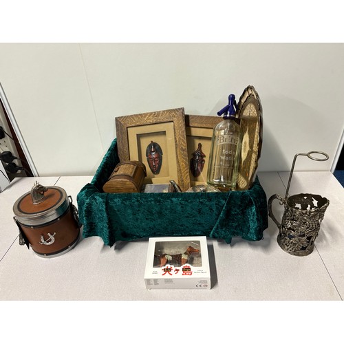 383 - Box of misc to include Britvic soda water syphon, plated ware bottle holder etc