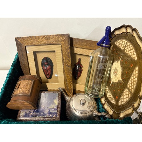 383 - Box of misc to include Britvic soda water syphon, plated ware bottle holder etc