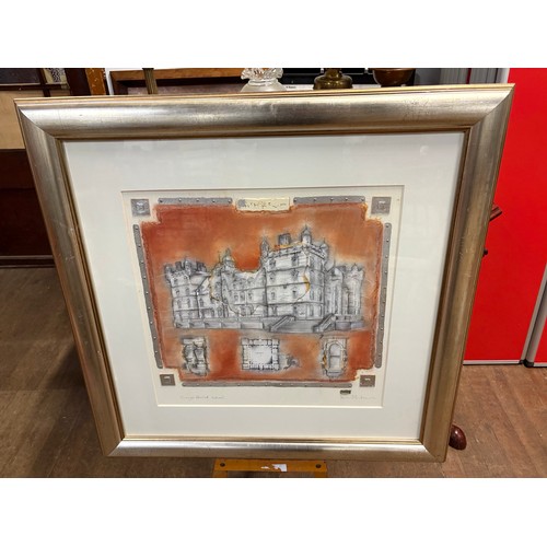 252 - Large gold framed mixed media collage by Kevin Blackham of George Heriot School Edinburgh, 30x30