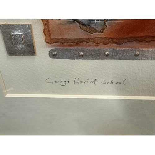 252 - Large gold framed mixed media collage by Kevin Blackham of George Heriot School Edinburgh, 30x30