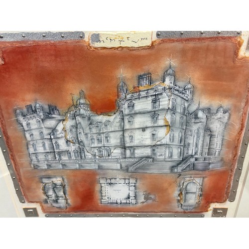 252 - Large gold framed mixed media collage by Kevin Blackham of George Heriot School Edinburgh, 30x30
