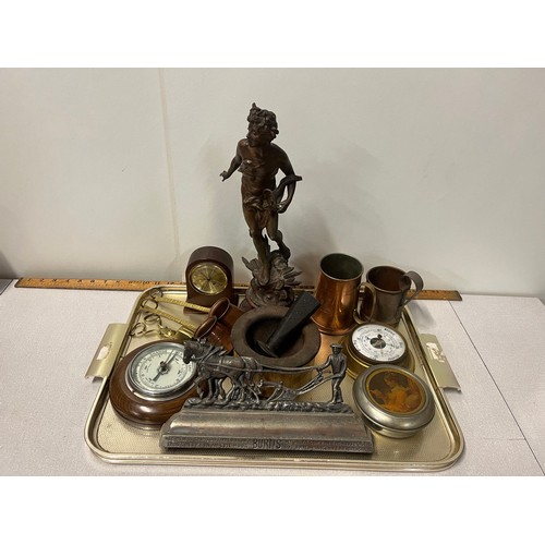 264 - Tray of collectables to include spelter figure, barometers and Burn's door stop etc.