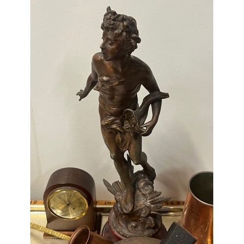 264 - Tray of collectables to include spelter figure, barometers and Burn's door stop etc.