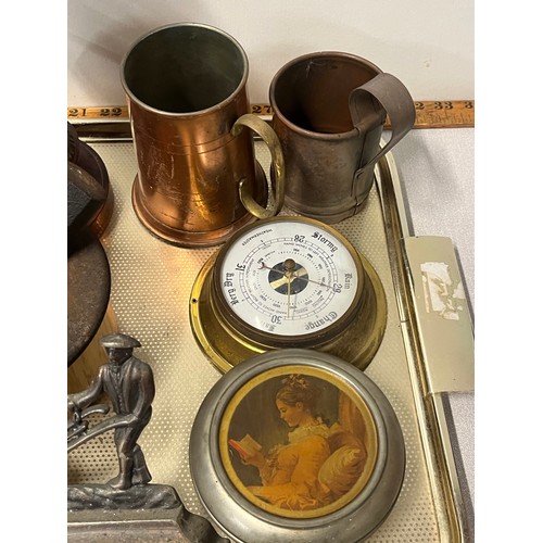 264 - Tray of collectables to include spelter figure, barometers and Burn's door stop etc.