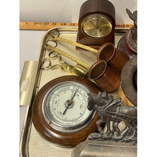 264 - Tray of collectables to include spelter figure, barometers and Burn's door stop etc.