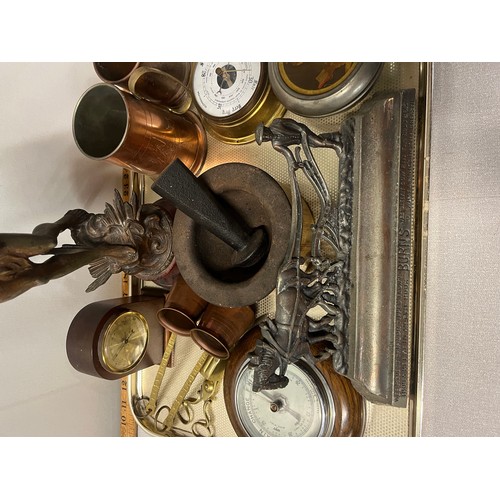 264 - Tray of collectables to include spelter figure, barometers and Burn's door stop etc.