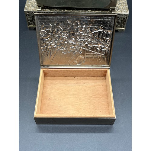 372 - 2 vintage white metal cigarette boxes along with embossed white metal jewellery box.