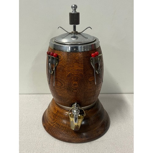 380 - Vintage novelty beverage dispenser designed to look like wooden barrel.